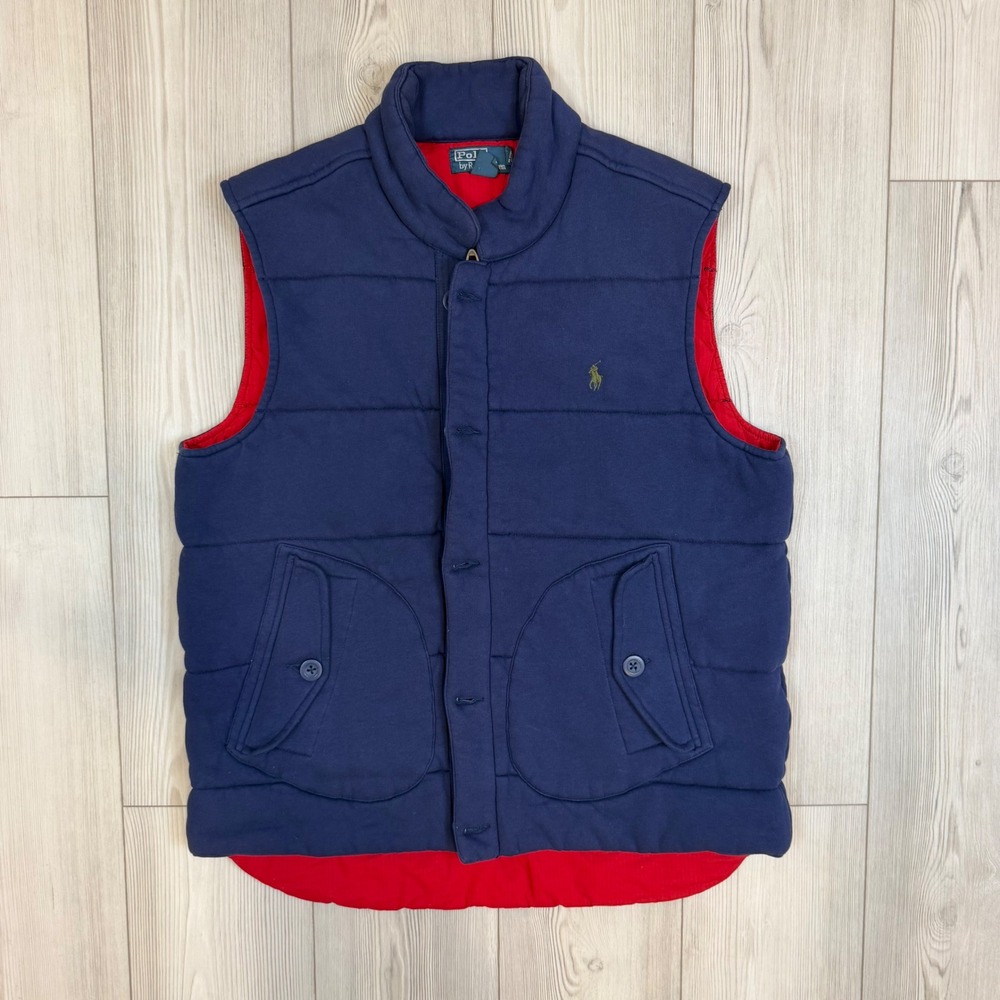 Polo Ralph Lauren Mens XL Navy Blue Quilted Puffer Vest Red Lining Jersey Cotton